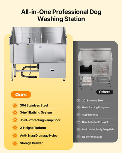 304 Stainless Steel Dog Washing Station, 154.9 cm Pet Grooming Tub