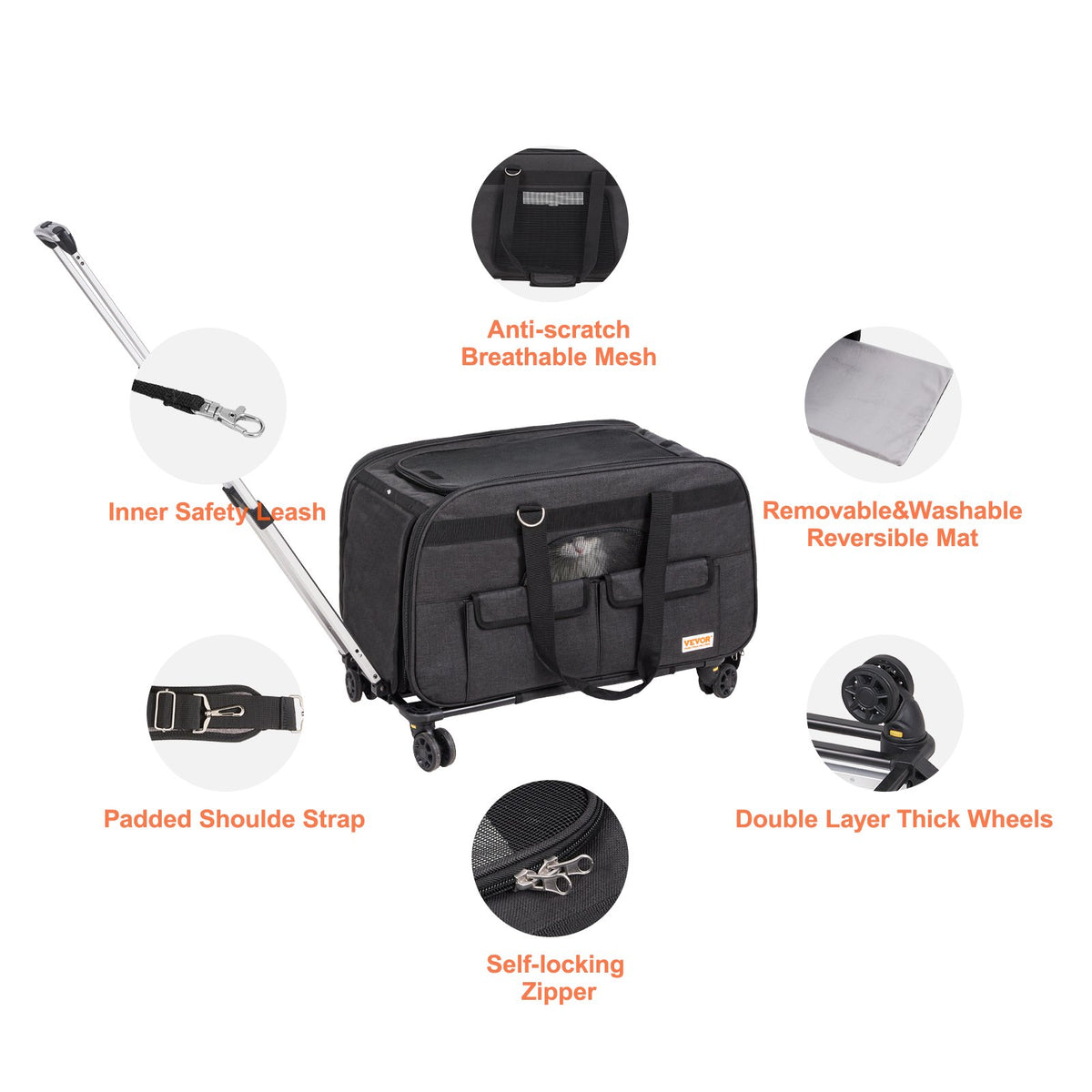 Cat Carrier with Wheels, Rolling Pet Carrier with Telescopic Handle