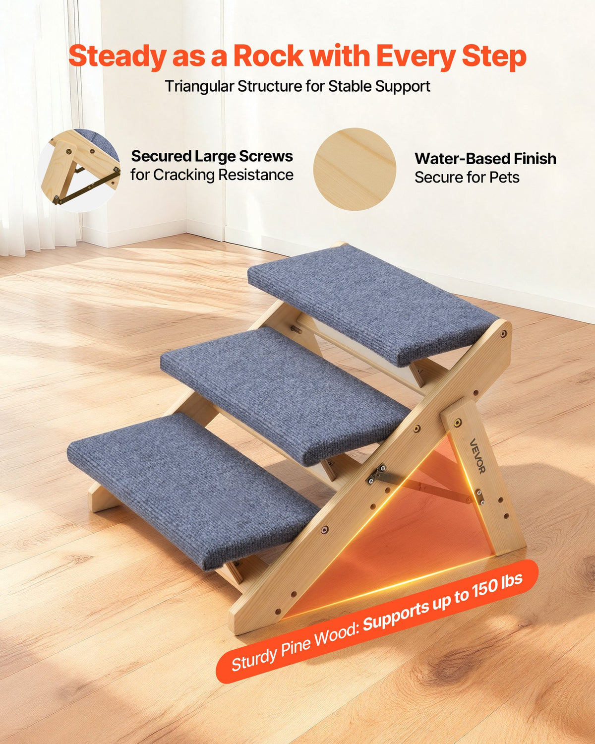 Wood Pet Stairs, 3-Step Dog Stairs for Beds, Sofa & Cars, 68 kg Load