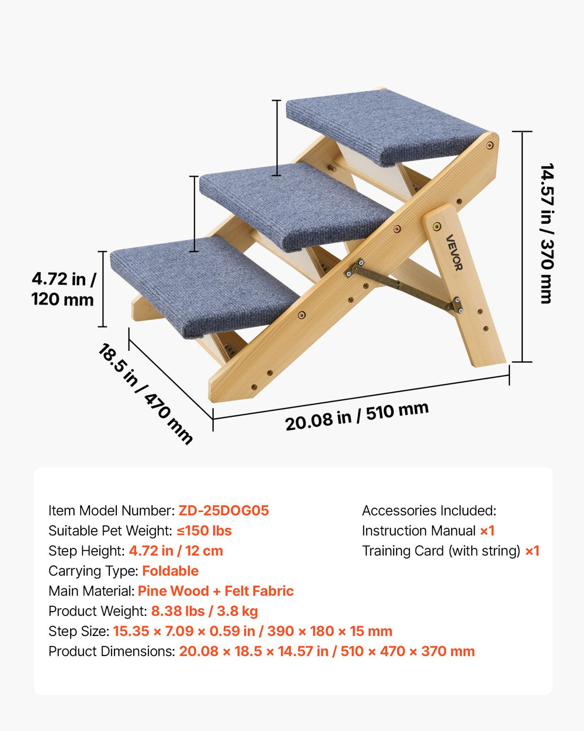 Wood Pet Stairs, 3-Step Dog Stairs for Beds, Sofa & Cars, 68 kg Load